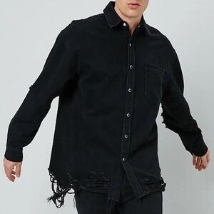 Forever 21 Distressed Denim Shirt (Washed Black)
